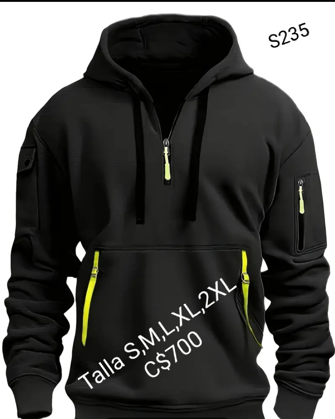 Chaqueta negra con cierre, líneas fluorescentes.