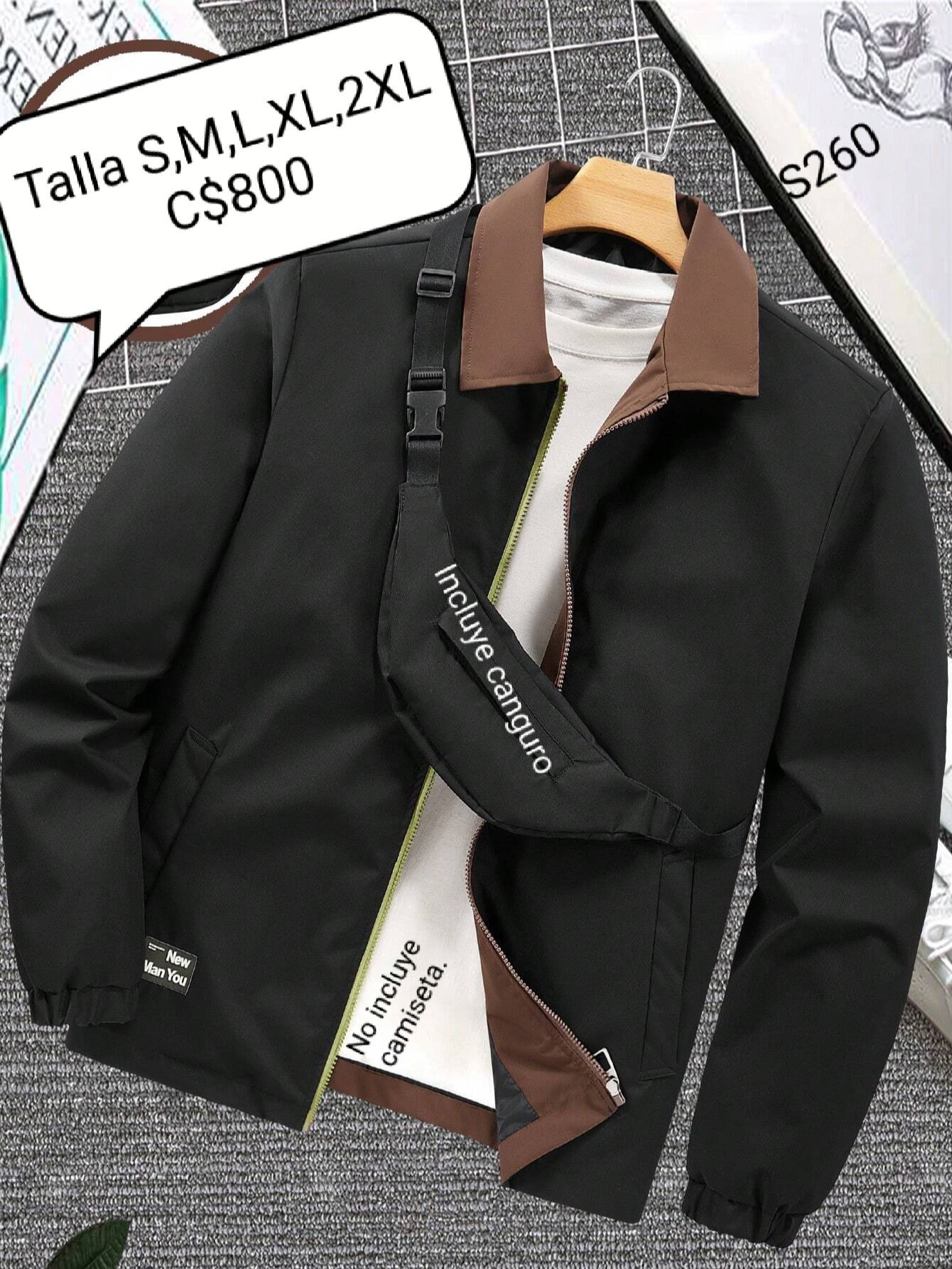 Chaqueta estilo impermeable color negro con cuello café y canguro incluido.