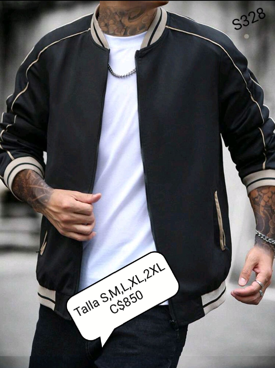 Chaqueta estilo impermeable color negro con bordes color Caqui