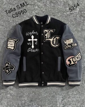 Chaqueta de tela estilo universitaria color negra con gris con múltiple bordado