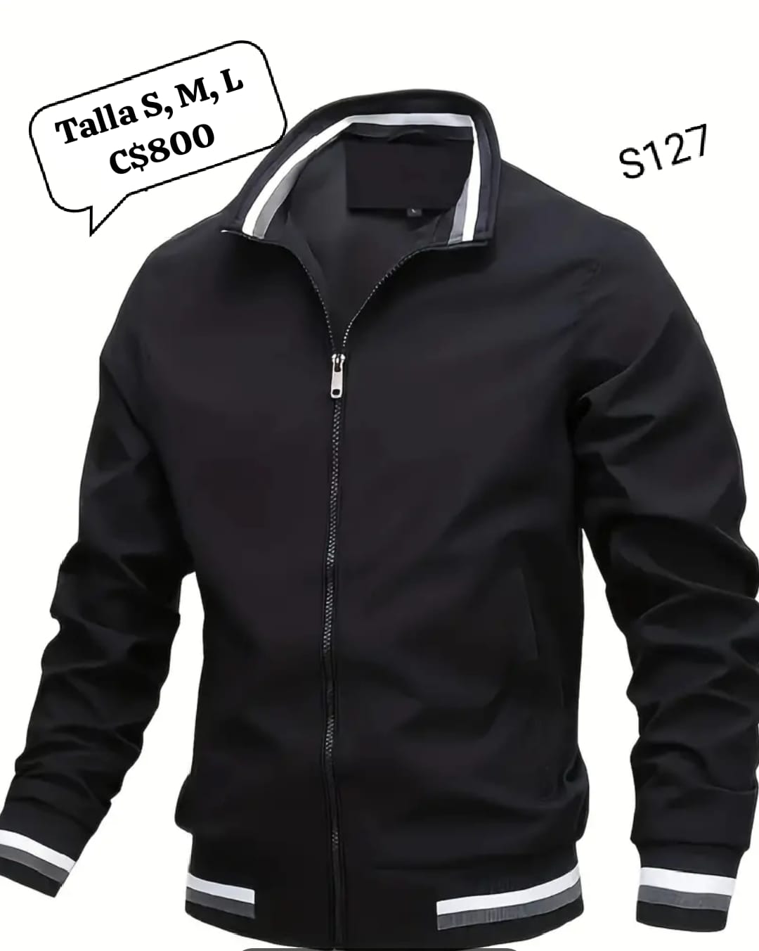 Chaqueta estilo impermeable negra líneas blancas