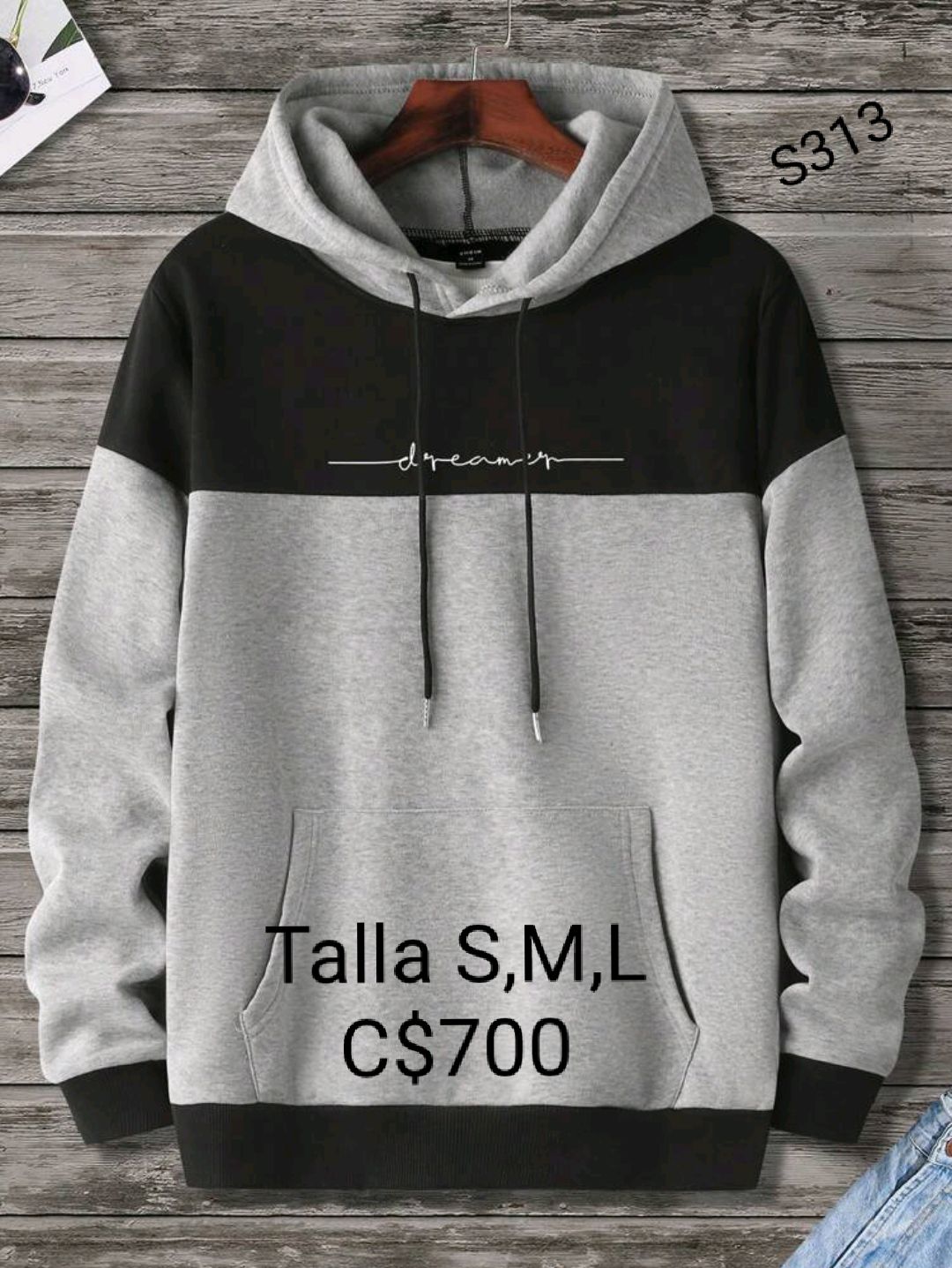 sudadera color gris con negro con estampado de dreamer