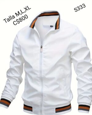 Chaqueta estilo impermeable color blanca con borde naranja y crema