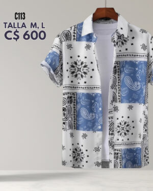 Camisa de vestir color blanco con celeste y negro--C113