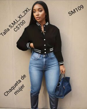 Chaqueta estilo universitaria color negro con línea blancas