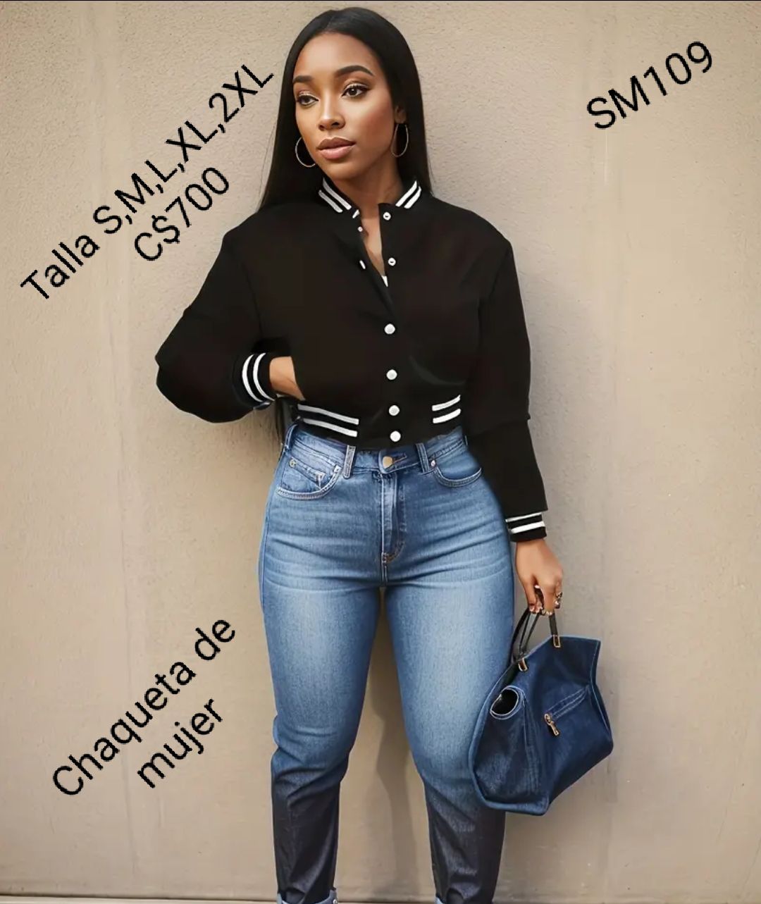 Chaqueta estilo universitaria color negro con línea blancas