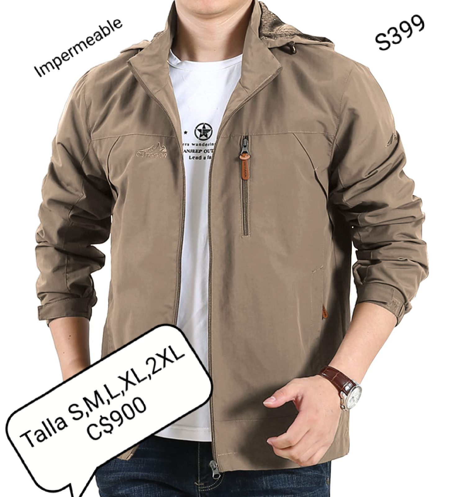 Chaqueta color caqui oscuro impermeable con capucha desprendible.