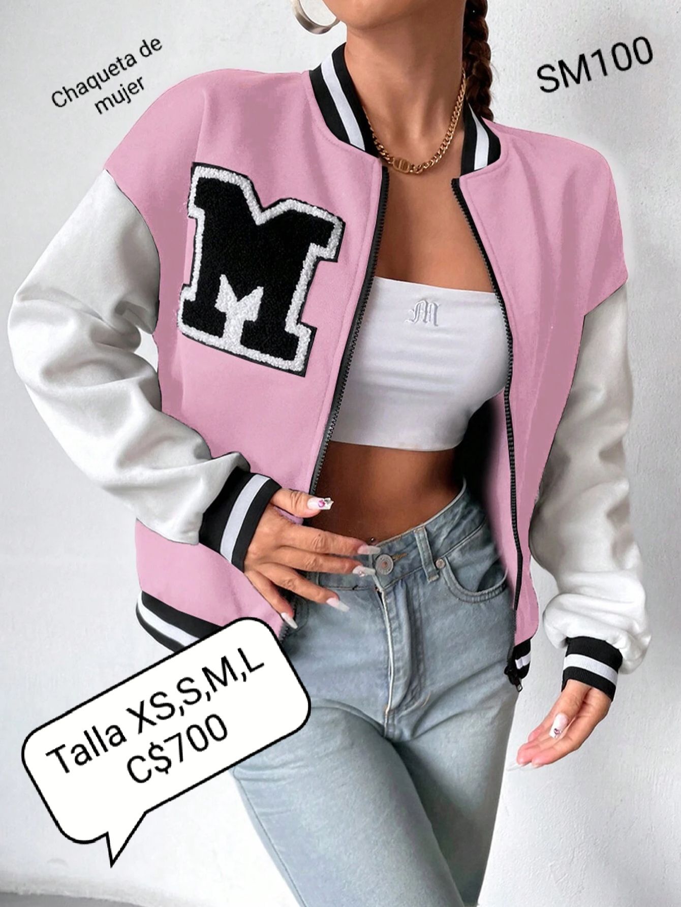Chaqueta de mujer estilo universitaria rosa con blanco
