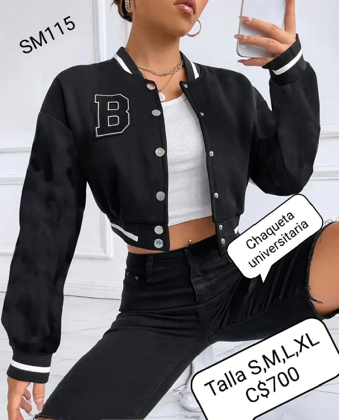 Chaqueta universitaria de tela para mujer color negra con letra B