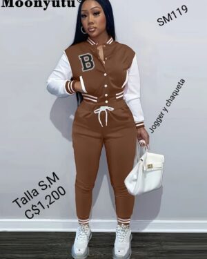 Conjunto Jogger con chaqueta color café mangas blancas con estampado letra B