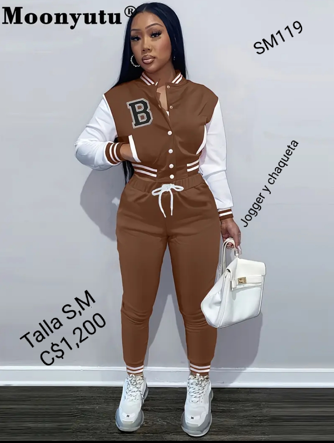 Conjunto Jogger con chaqueta color café mangas blancas con estampado letra B