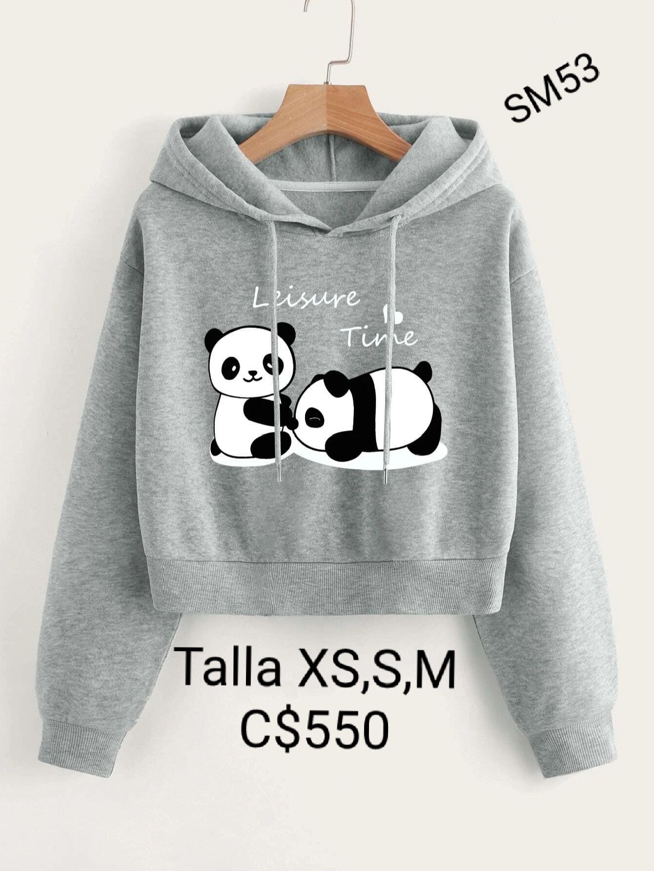 Sudadera gris con estampado de pandas.