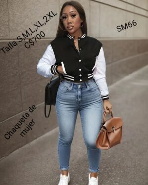 Chaqueta estilo universitaria para mujer color negro con mangas blancas