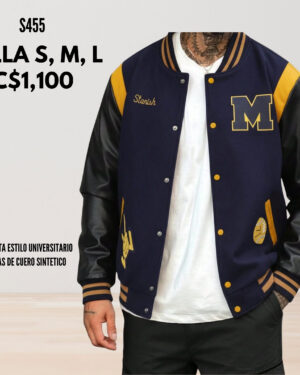Chaqueta estilo universitaria mangas de cuero sintético. S455